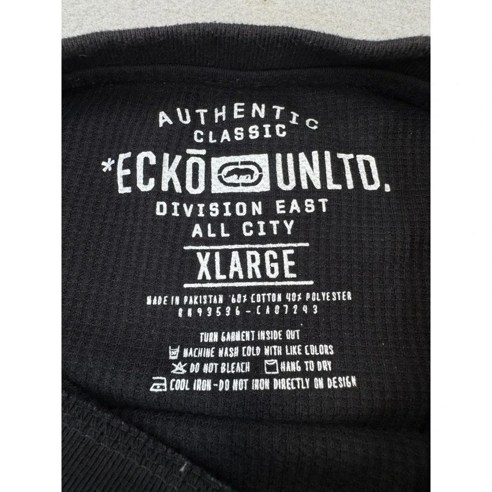 Ecko Unltd Mens XL Black Waffle Knit Thermal Long Sleeve Graphic T-Shirt Rhino